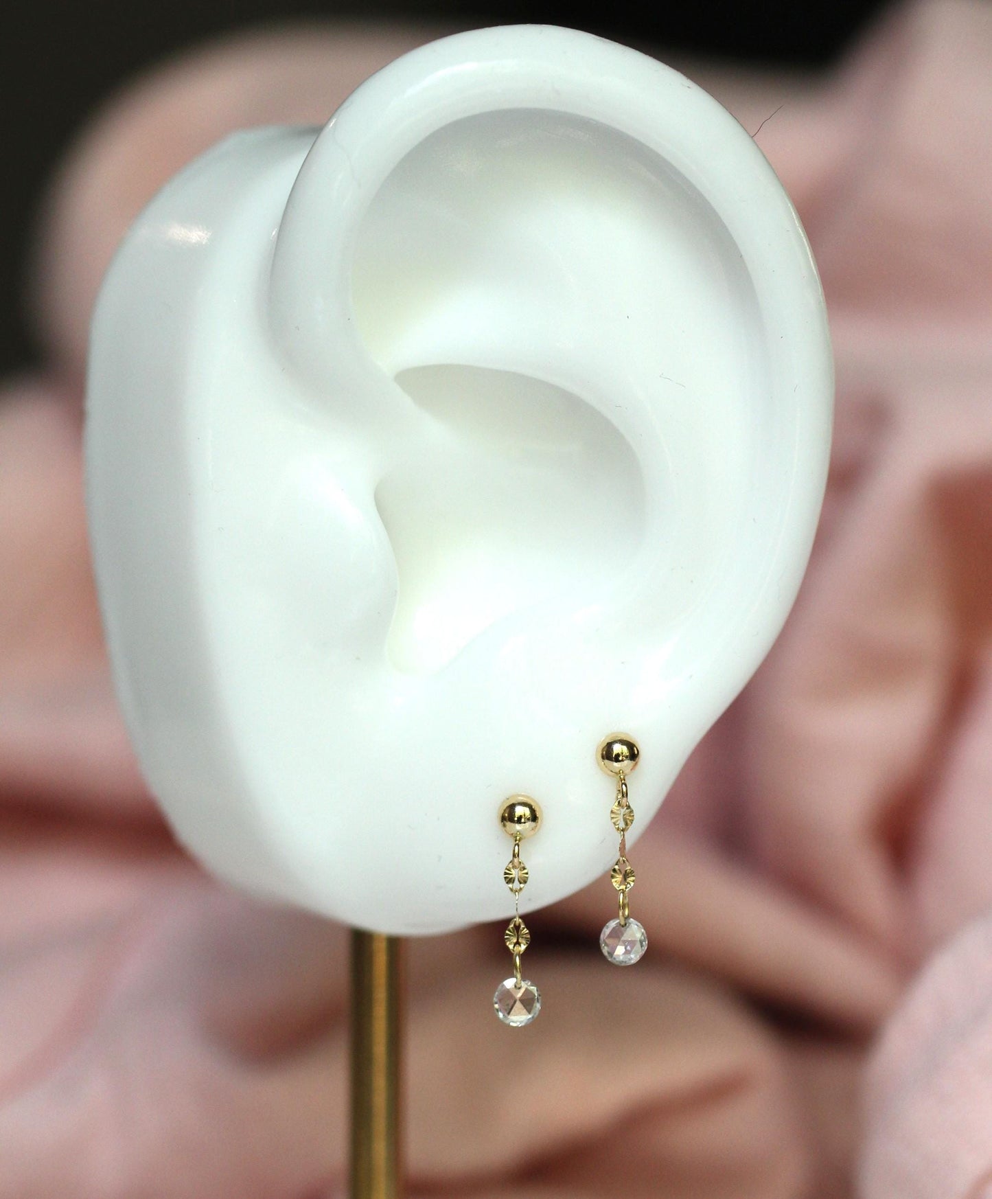 14K Rose-cut Diamond Dangle Studs, Shimmer Studs, Short Dangle Studs, Floating Diamond, Chain Studs, Sparkle Chain Earrings, Solid Gold