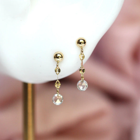 14K Rose-cut Diamond Dangle Studs, Shimmer Studs, Short Dangle Studs, Floating Diamond, Chain Studs, Sparkle Chain Earrings, Solid Gold