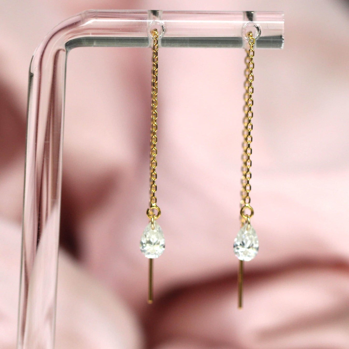 14K Gold Pear Diamond Threader Earrings, Floating Diamond, Tear Shape , Lab Made, Solid 14K Gold, Chain Earring, Drop Shape, Real Gold