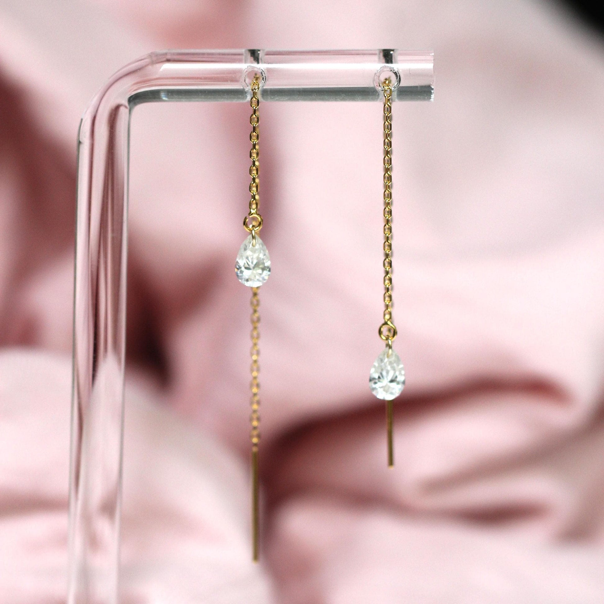 14K Gold Pear Diamond Threader Earrings, Floating Diamond, Tear Shape , Lab Made, Solid 14K Gold, Chain Earring, Drop Shape, Real Gold