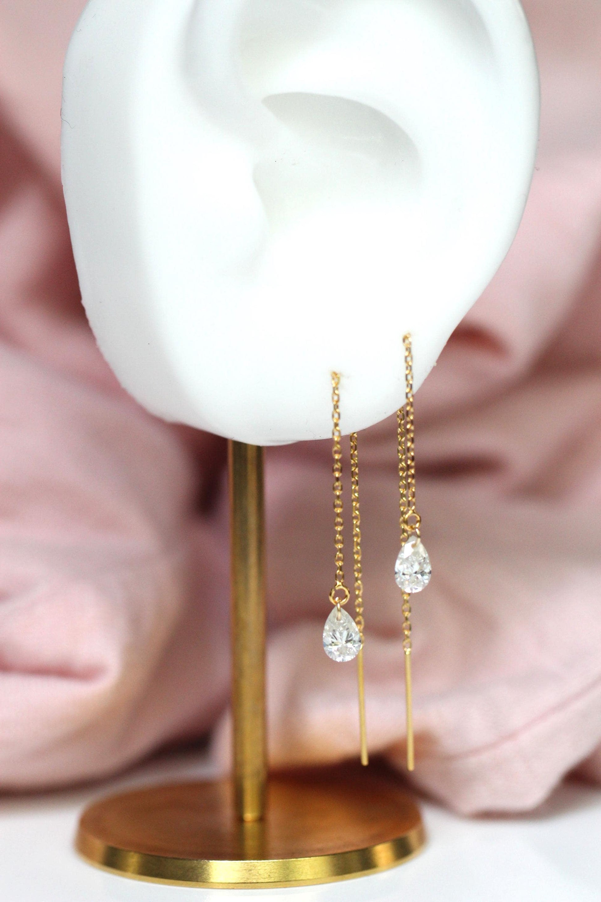 14K Gold Pear Diamond Threader Earrings, Floating Diamond, Tear Shape , Lab Made, Solid 14K Gold, Chain Earring, Drop Shape, Real Gold