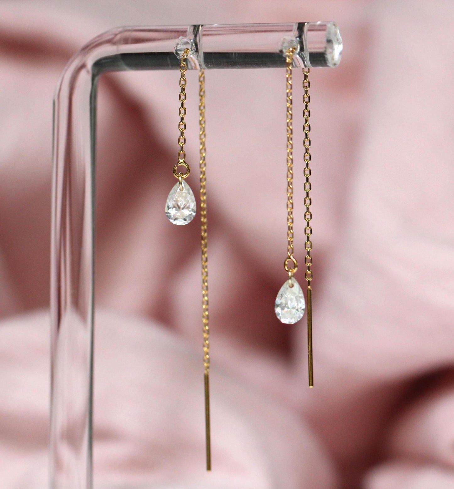 14K Gold Pear Diamond Threader Earrings, Floating Diamond, Tear Shape , Lab Made, Solid 14K Gold, Chain Earring, Drop Shape, Real Gold