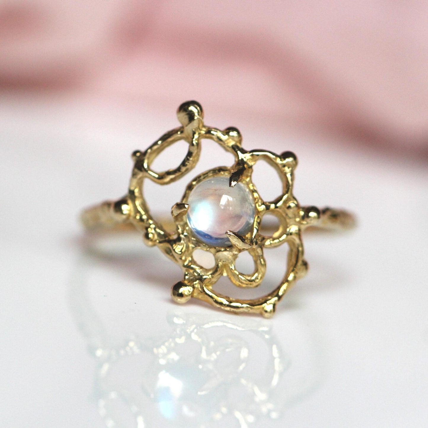 14K Gold Moonstone Lace Ring, Organix Texture Ring, Lace Inspired Ring, Rainbow Moonstone, One of a Kind, Statement Ring, 10K Gold