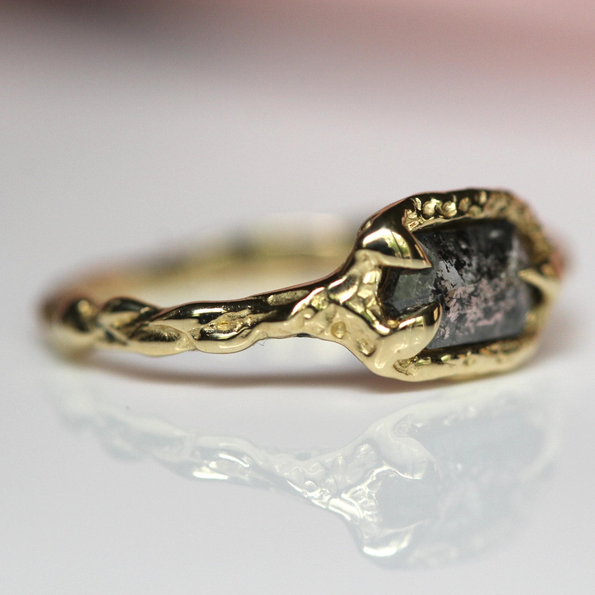 OOAK 10K Salt and Pepper Diamond Ring, Hexagon Diamond, Molted Ring, Organics Textured Ring, Spike Prongs, One of a Kind, Asymmetrical Ring