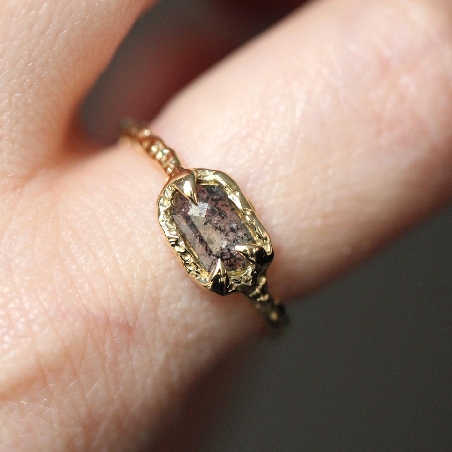 OOAK 10K Salt and Pepper Diamond Ring, Hexagon Diamond, Molted Ring, Organics Textured Ring, Spike Prongs, One of a Kind, Asymmetrical Ring