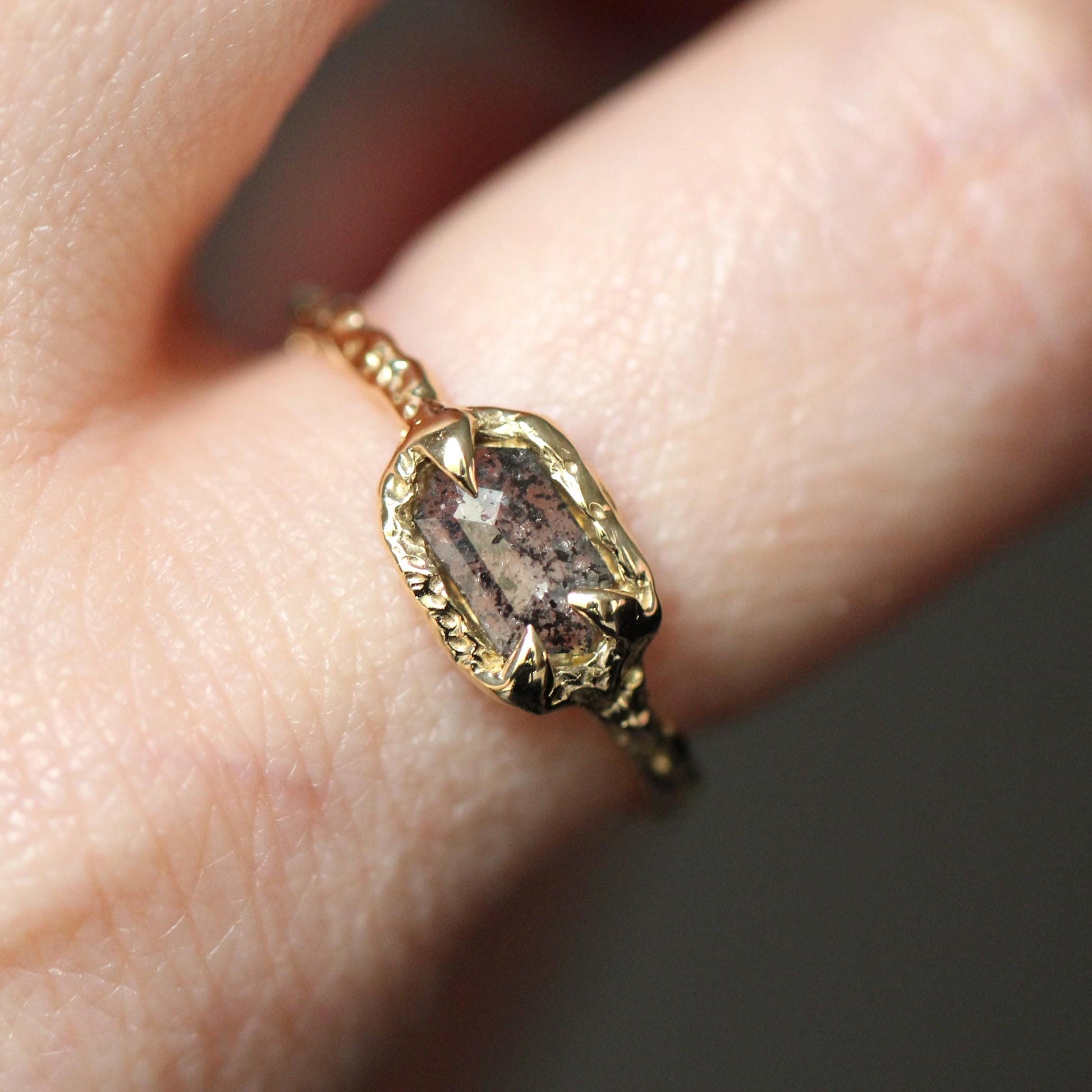 OOAK 10K Salt and Pepper Diamond Ring, Hexagon Diamond, Molted Ring, Organics Textured Ring, Spike Prongs, One of a Kind, Asymmetrical Ring