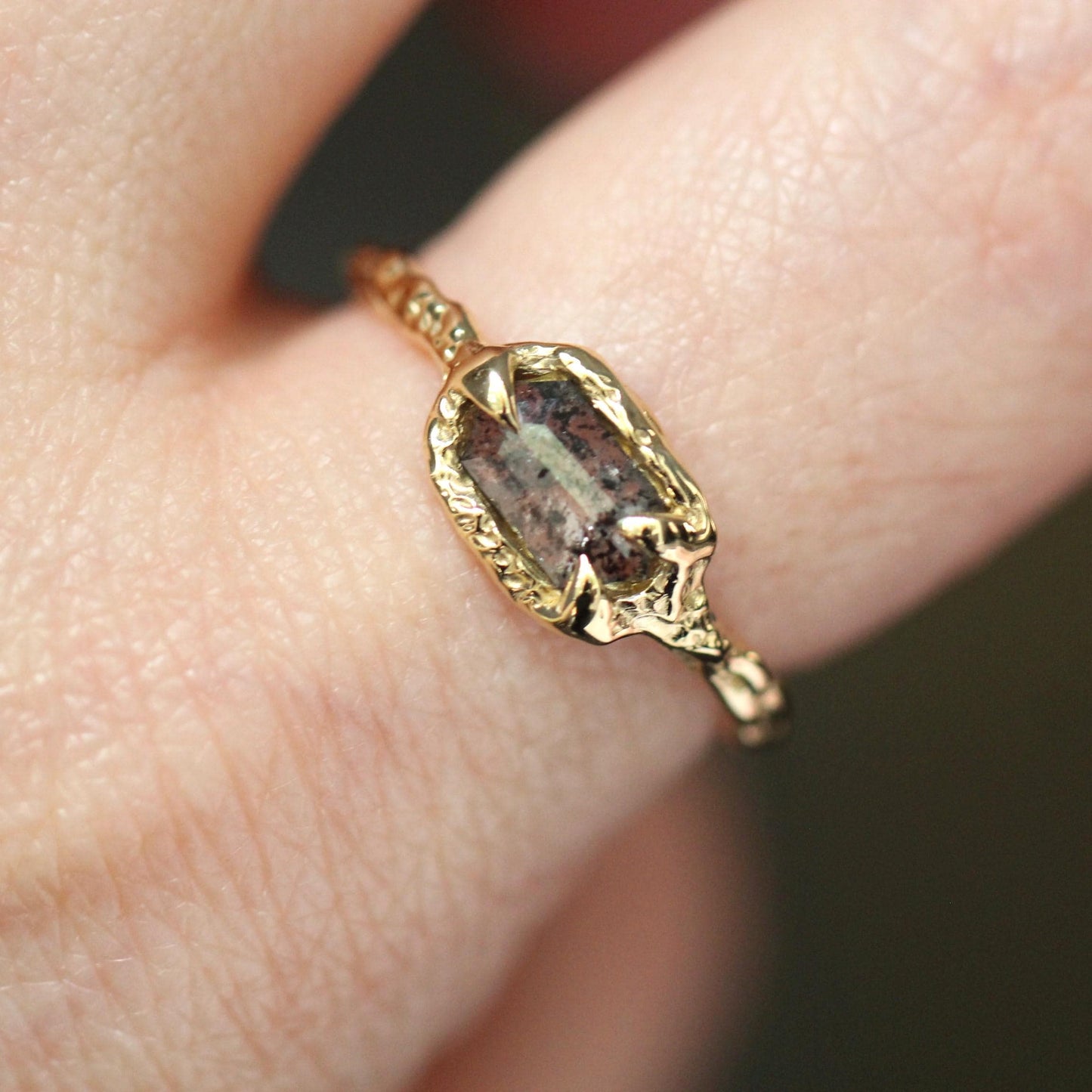 OOAK 10K Salt and Pepper Diamond Ring, Hexagon Diamond, Molted Ring, Organics Textured Ring, Spike Prongs, One of a Kind, Asymmetrical Ring