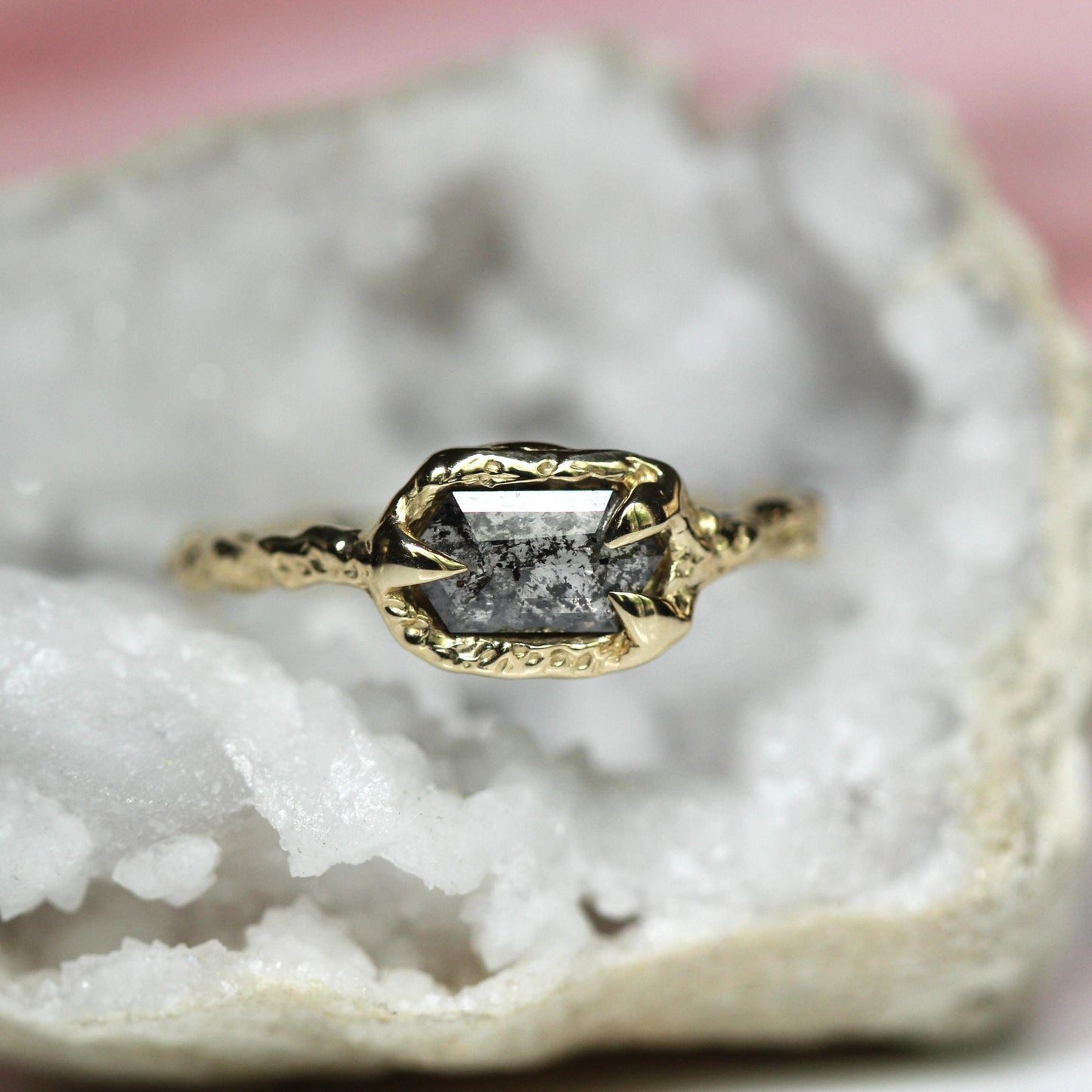 OOAK 10K Salt and Pepper Diamond Ring, Hexagon Diamond, Molted Ring, Organics Textured Ring, Spike Prongs, One of a Kind, Asymmetrical Ring
