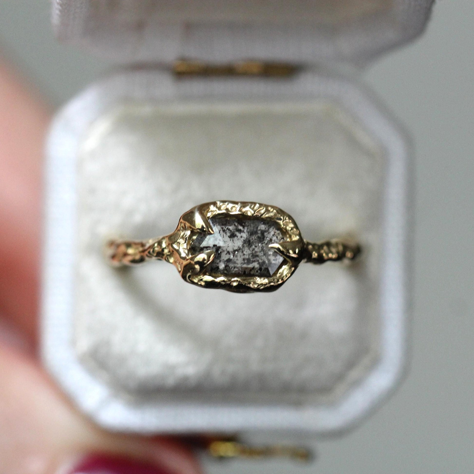 OOAK 10K Salt and Pepper Diamond Ring, Hexagon Diamond, Molted Ring, Organics Textured Ring, Spike Prongs, One of a Kind, Asymmetrical Ring