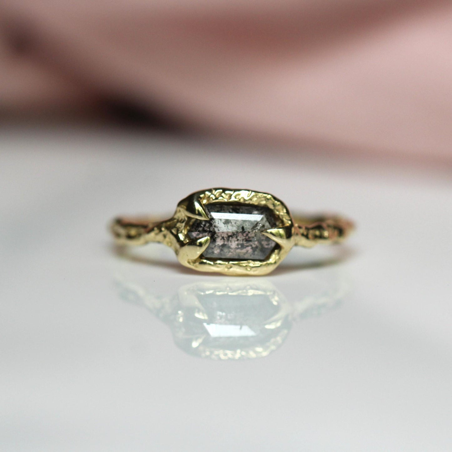 OOAK 10K Salt and Pepper Diamond Ring, Hexagon Diamond, Molted Ring, Organics Textured Ring, Spike Prongs, One of a Kind, Asymmetrical Ring