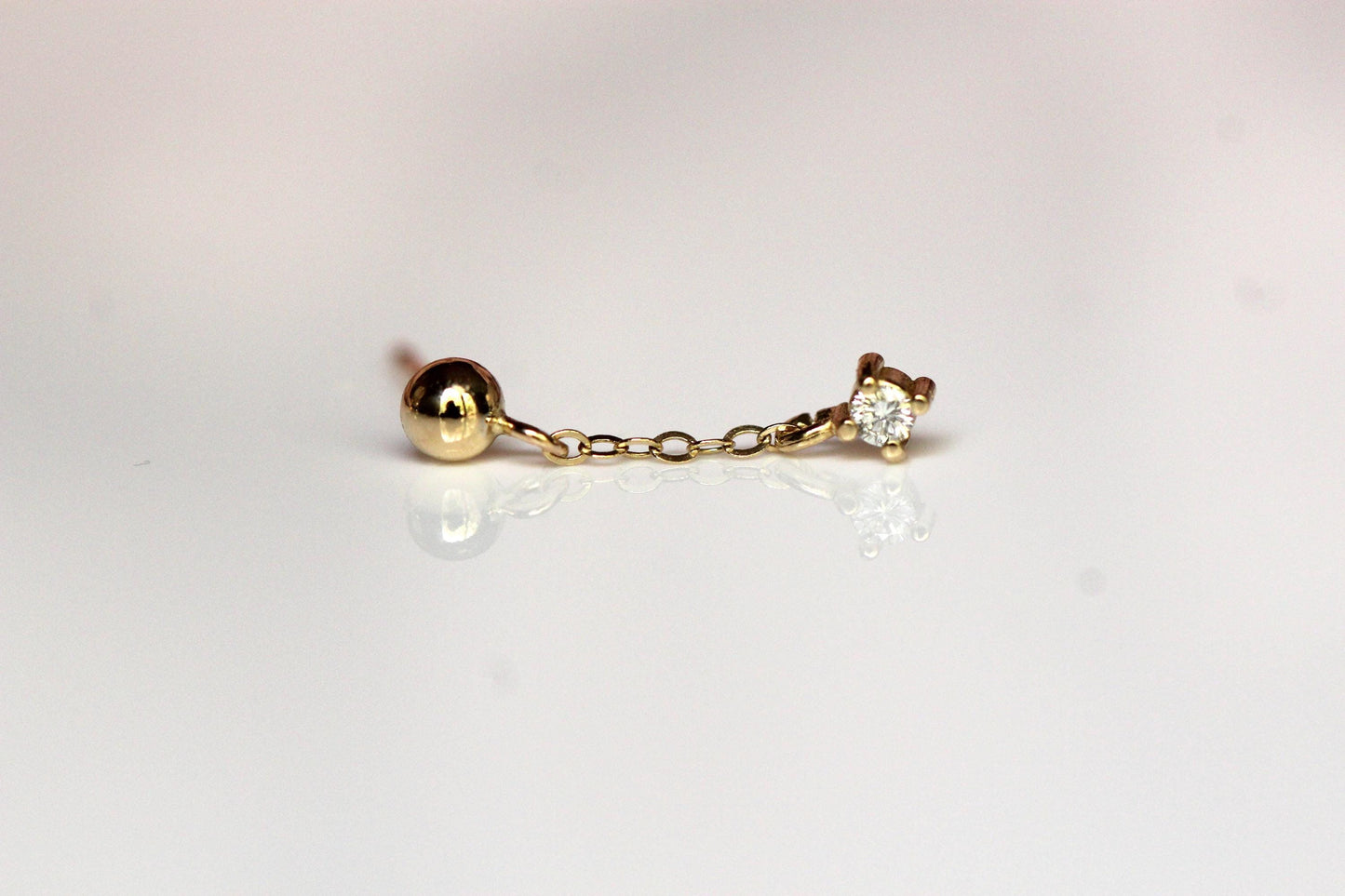 14K Gold Diamond Chain Stud Earrings, Ball Stud Dangle Earrings, Solid Gold Minimalist Earrings, Dainty Jewelry, Diamond Dangle Earrings
