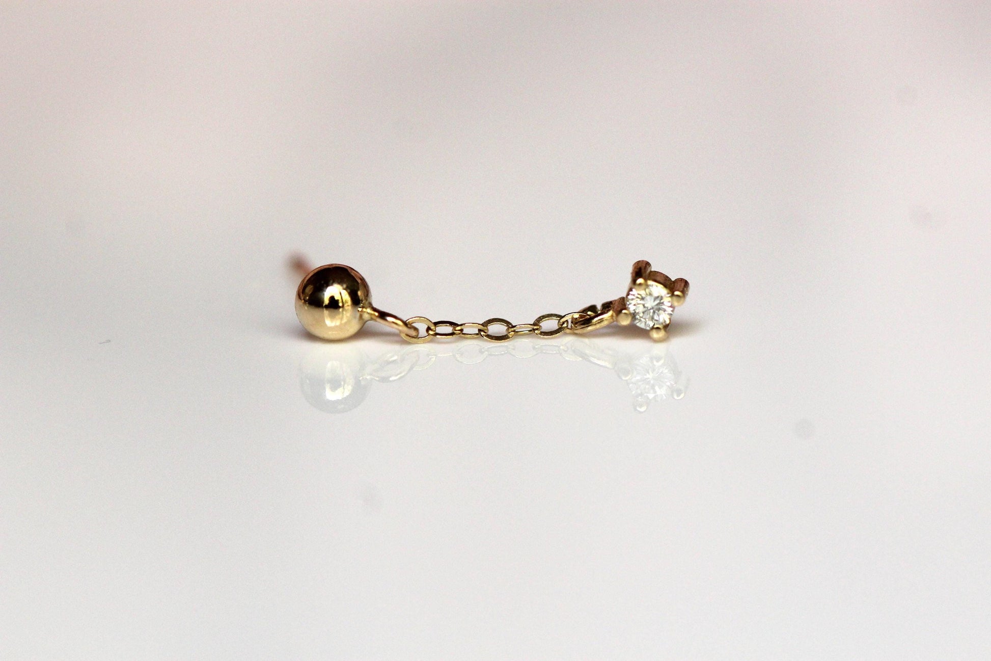 14K Gold Diamond Chain Stud Earrings, Ball Stud Dangle Earrings, Solid Gold Minimalist Earrings, Dainty Jewelry, Diamond Dangle Earrings