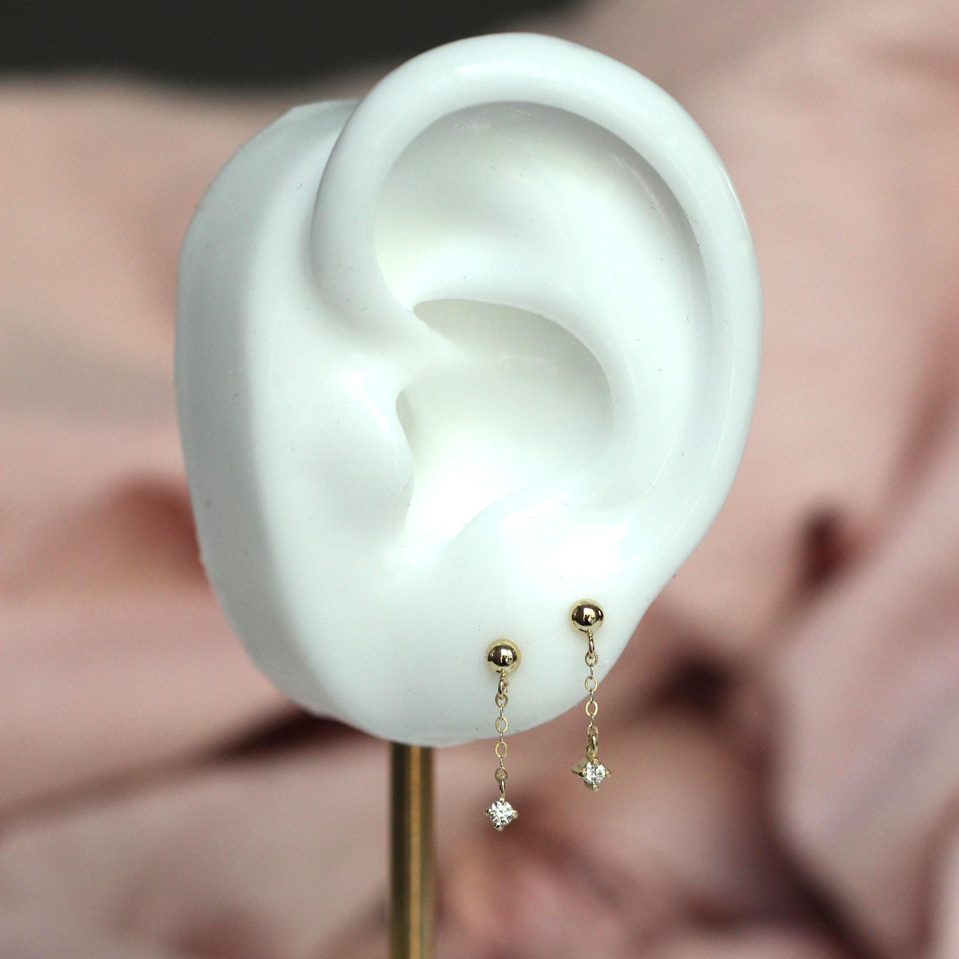 14K Gold Diamond Chain Stud Earrings, Ball Stud Dangle Earrings, Solid Gold Minimalist Earrings, Dainty Jewelry, Diamond Dangle Earrings
