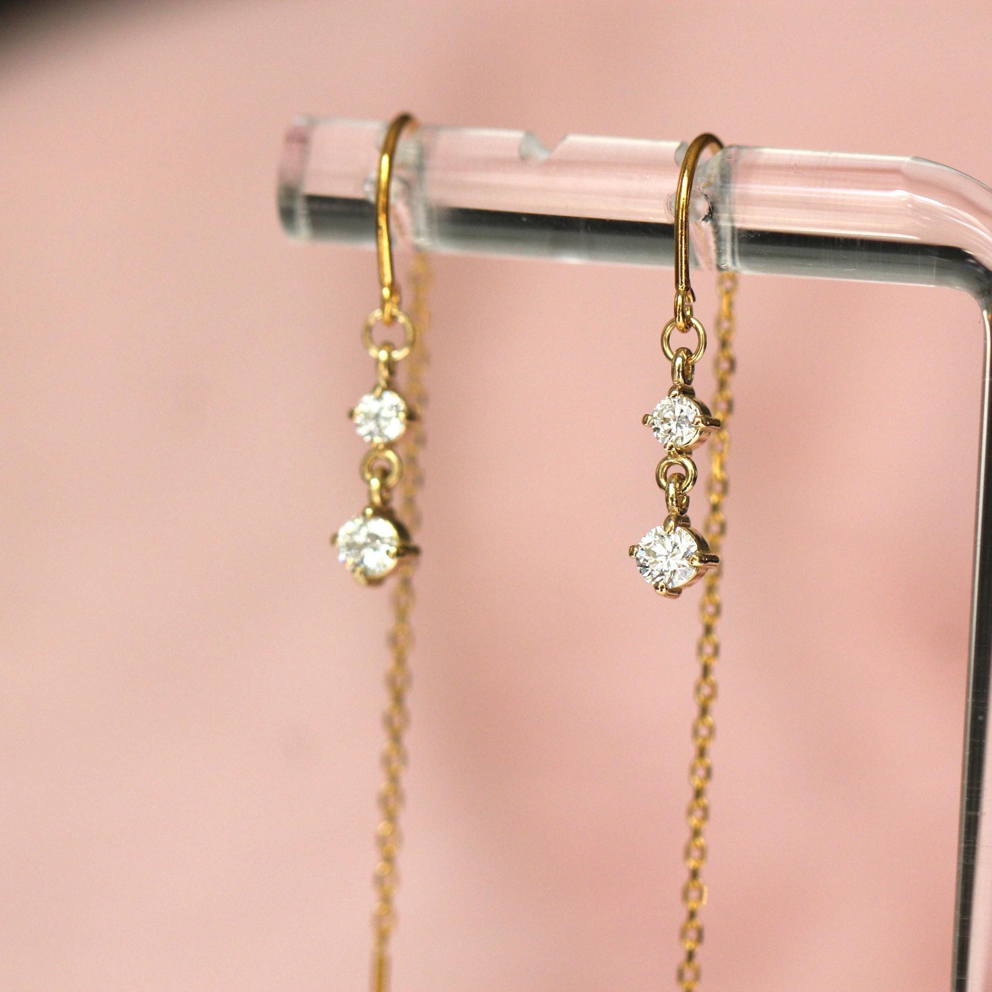 14K Gold Diamond Threader Earrings, Double Diamond, Hoop Threader, Looping Earrings, Solid Gold Earrings, Two Diamonds, Dangle Earrings