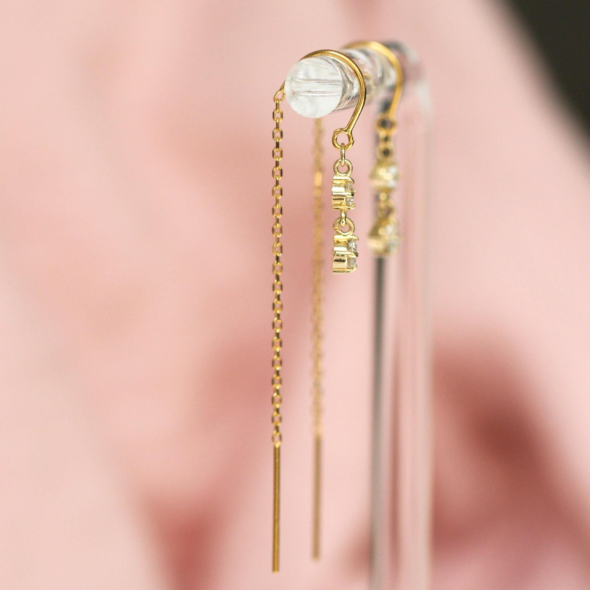 14K Gold Diamond Threader Earrings, Double Diamond, Hoop Threader, Looping Earrings, Solid Gold Earrings, Two Diamonds, Dangle Earrings