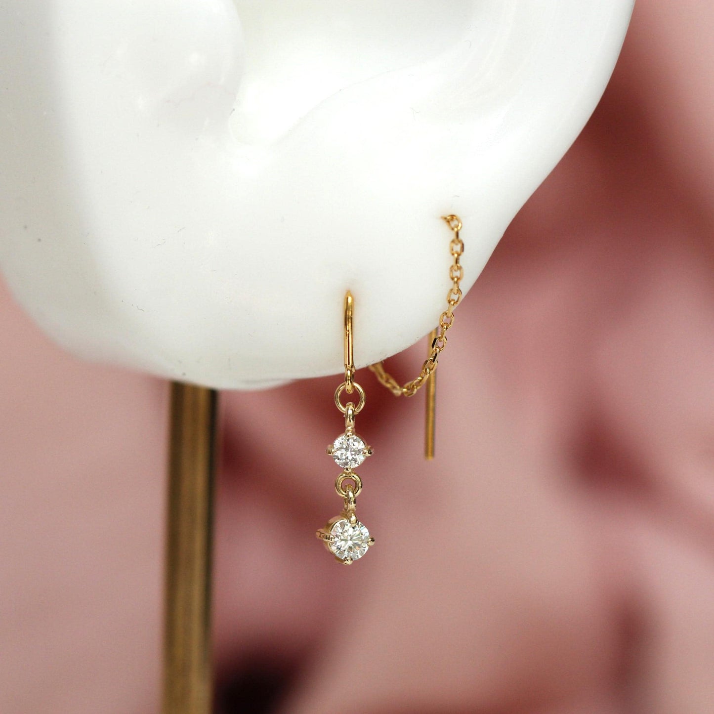 14K Gold Diamond Threader Earrings, Double Diamond, Hoop Threader, Looping Earrings, Solid Gold Earrings, Two Diamonds, Dangle Earrings