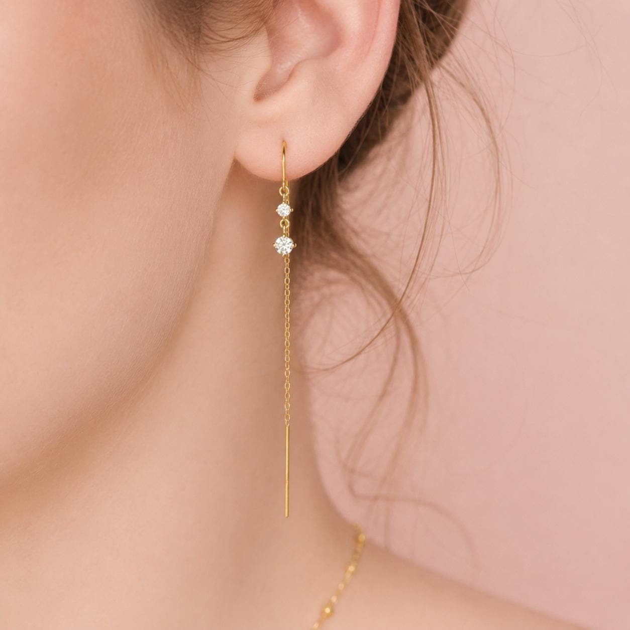 14K Gold Diamond Threader Earrings, Double Diamond, Hoop Threader, Looping Earrings, Solid Gold Earrings, Two Diamonds, Dangle Earrings