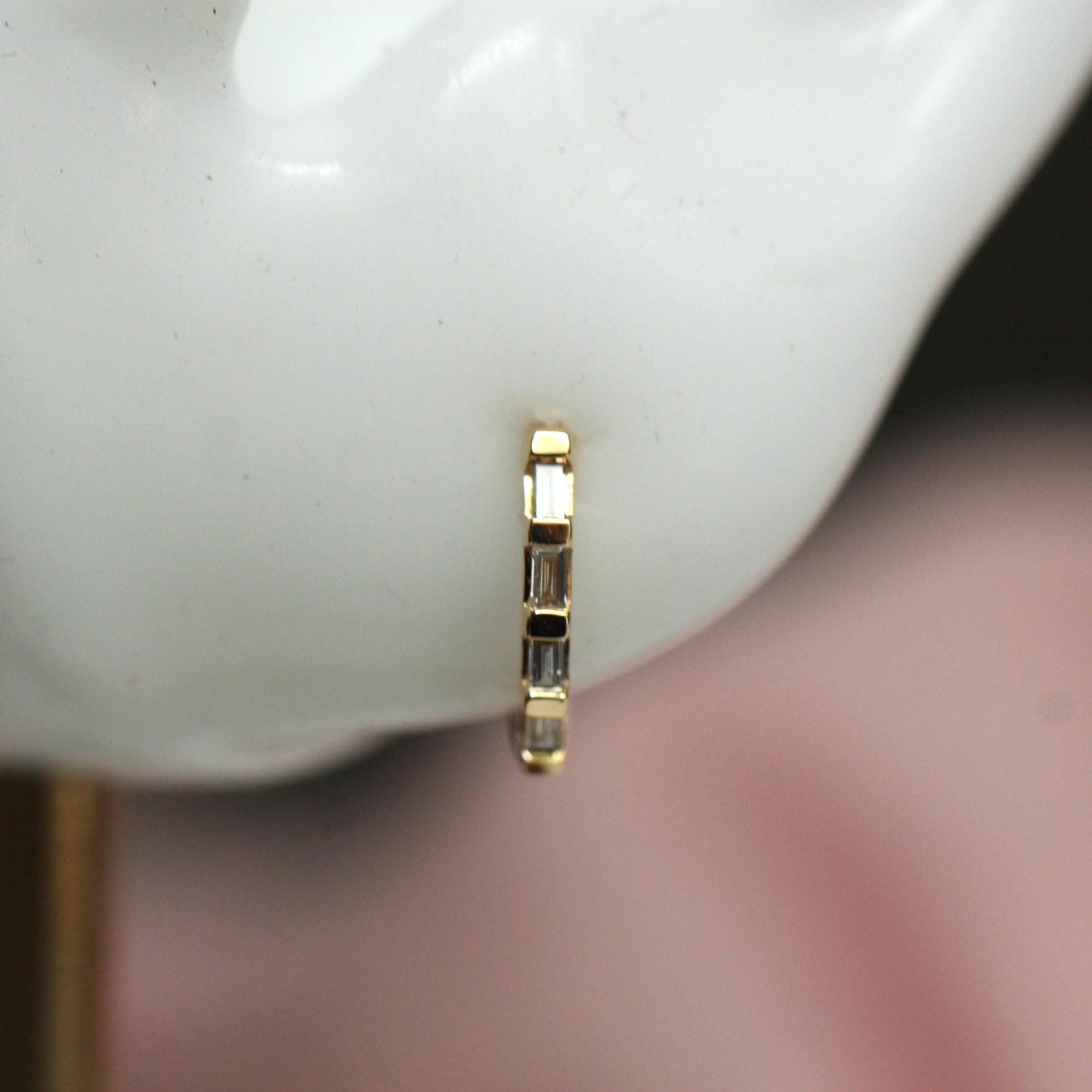 14K Baguette Diamond Huggie Earrings, Natural Diamonds, Clicker Closure Huggie, Solid Gold, 10mm Heggie, Rectangle Diamond, Step Cut