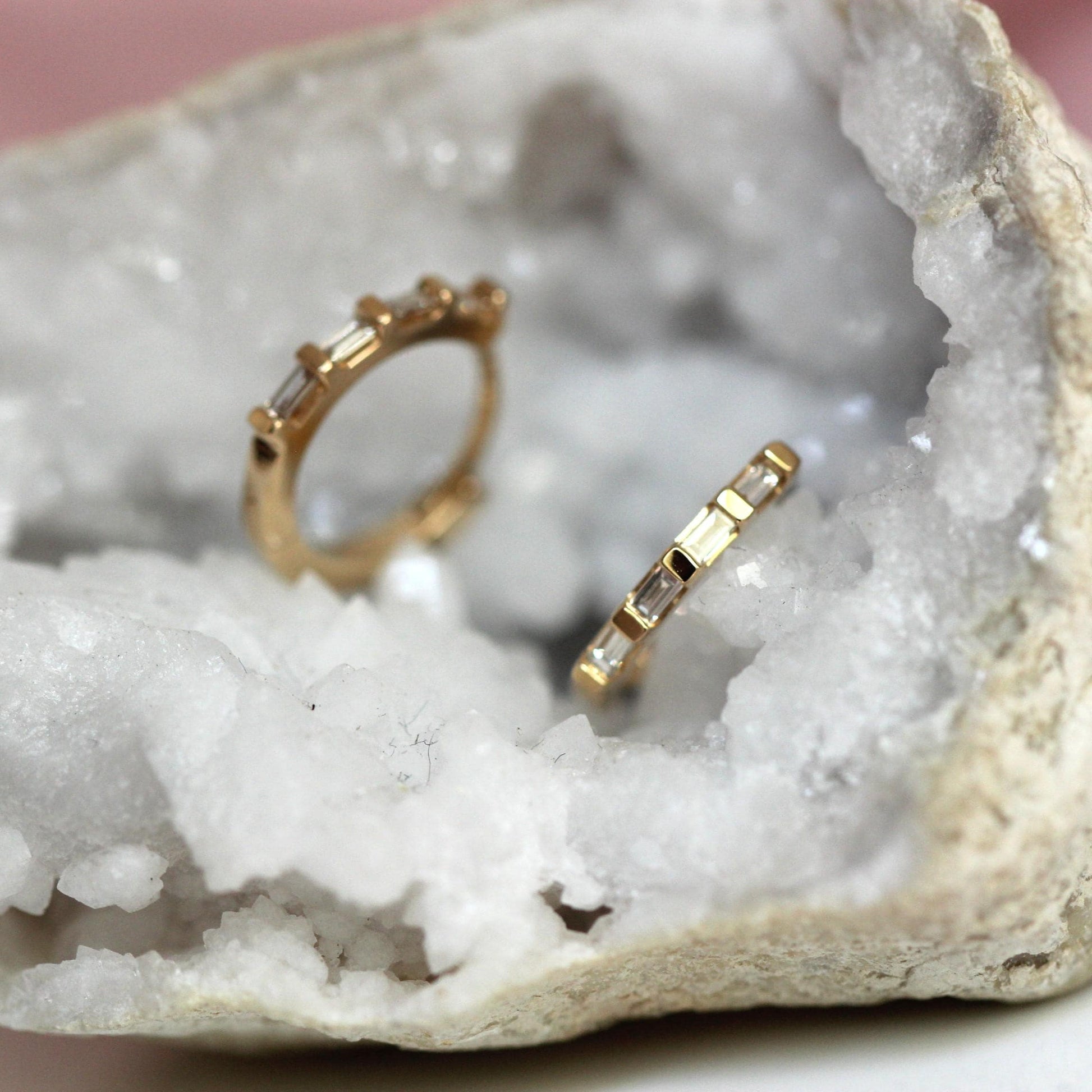 14K Baguette Diamond Huggie Earrings, Natural Diamonds, Clicker Closure Huggie, Solid Gold, 10mm Heggie, Rectangle Diamond, Step Cut