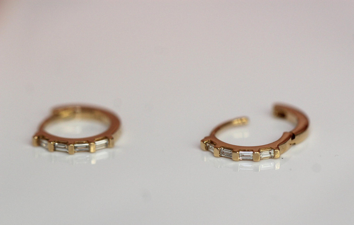 14K Baguette Diamond Huggie Earrings, Natural Diamonds, Clicker Closure Huggie, Solid Gold, 10mm Heggie, Rectangle Diamond, Step Cut