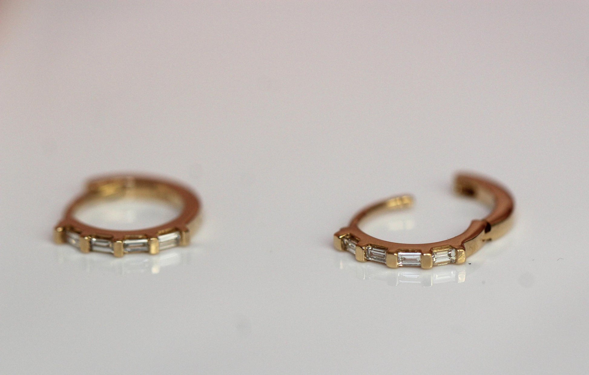 14K Baguette Diamond Huggie Earrings, Natural Diamonds, Clicker Closure Huggie, Solid Gold, 10mm Heggie, Rectangle Diamond, Step Cut