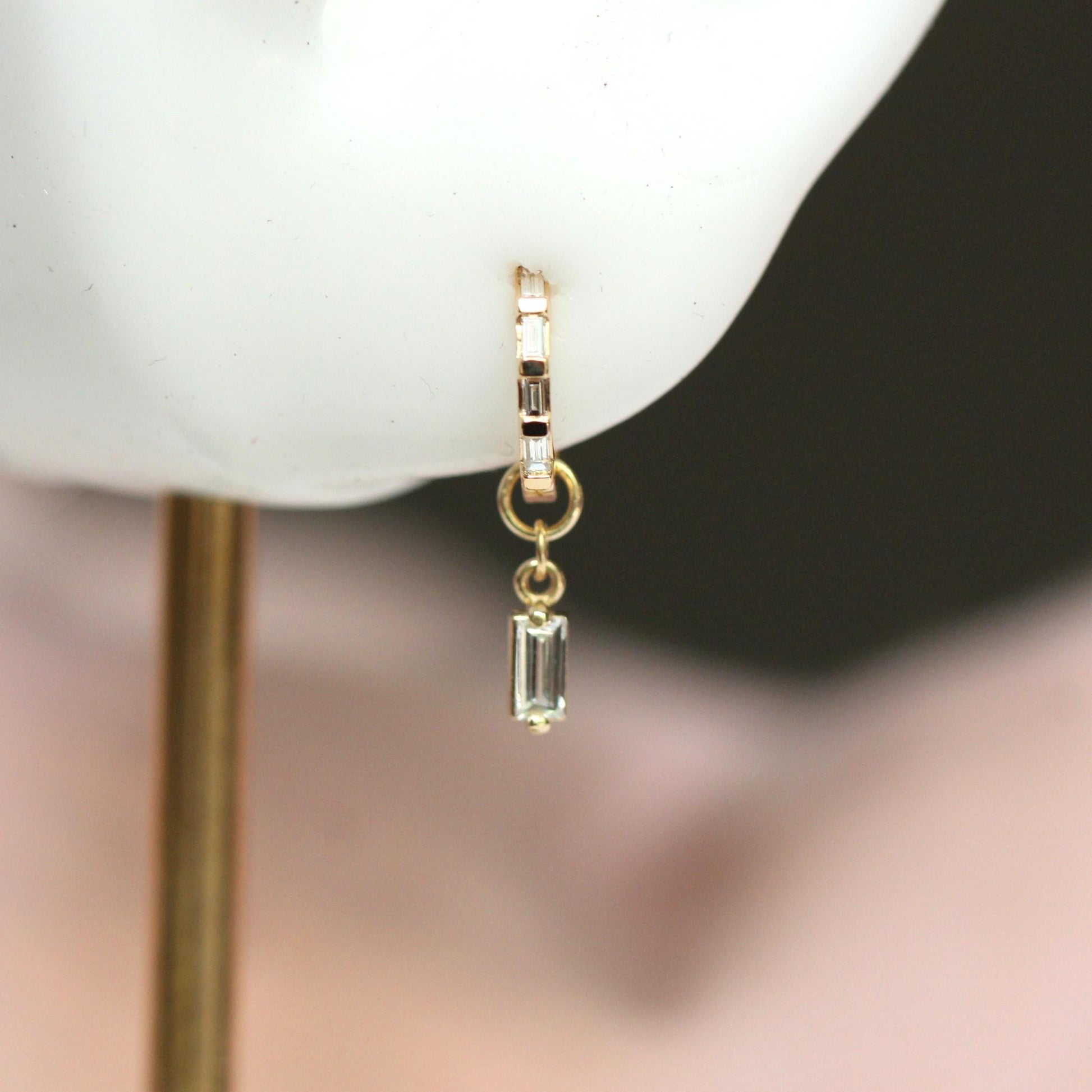 14K Diamond Baguette Earring Charm, Earring Dangle, Huggie Dangle, Stud Charm, Solid Gold, Hoop Charm, Piercing Charm, Earring Add On