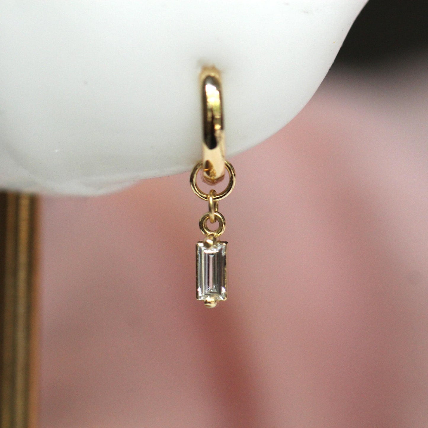 14K Diamond Baguette Earring Charm, Earring Dangle, Huggie Dangle, Stud Charm, Solid Gold, Hoop Charm, Piercing Charm, Earring Add On