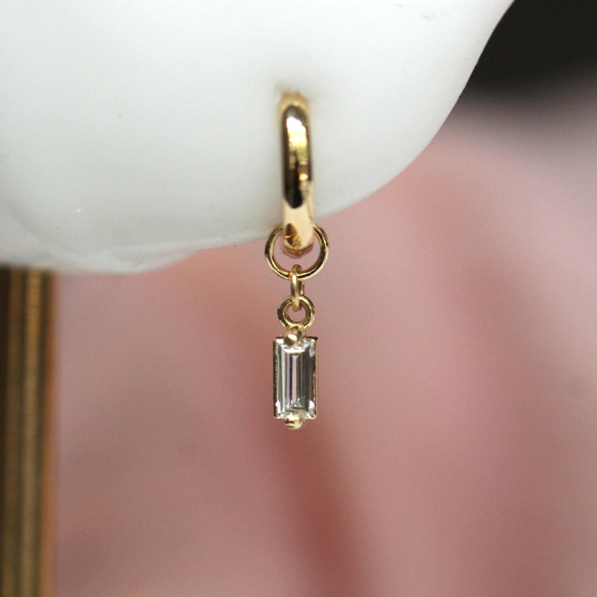 14K Diamond Baguette Earring Charm, Earring Dangle, Huggie Dangle, Stud Charm, Solid Gold, Hoop Charm, Piercing Charm, Earring Add On