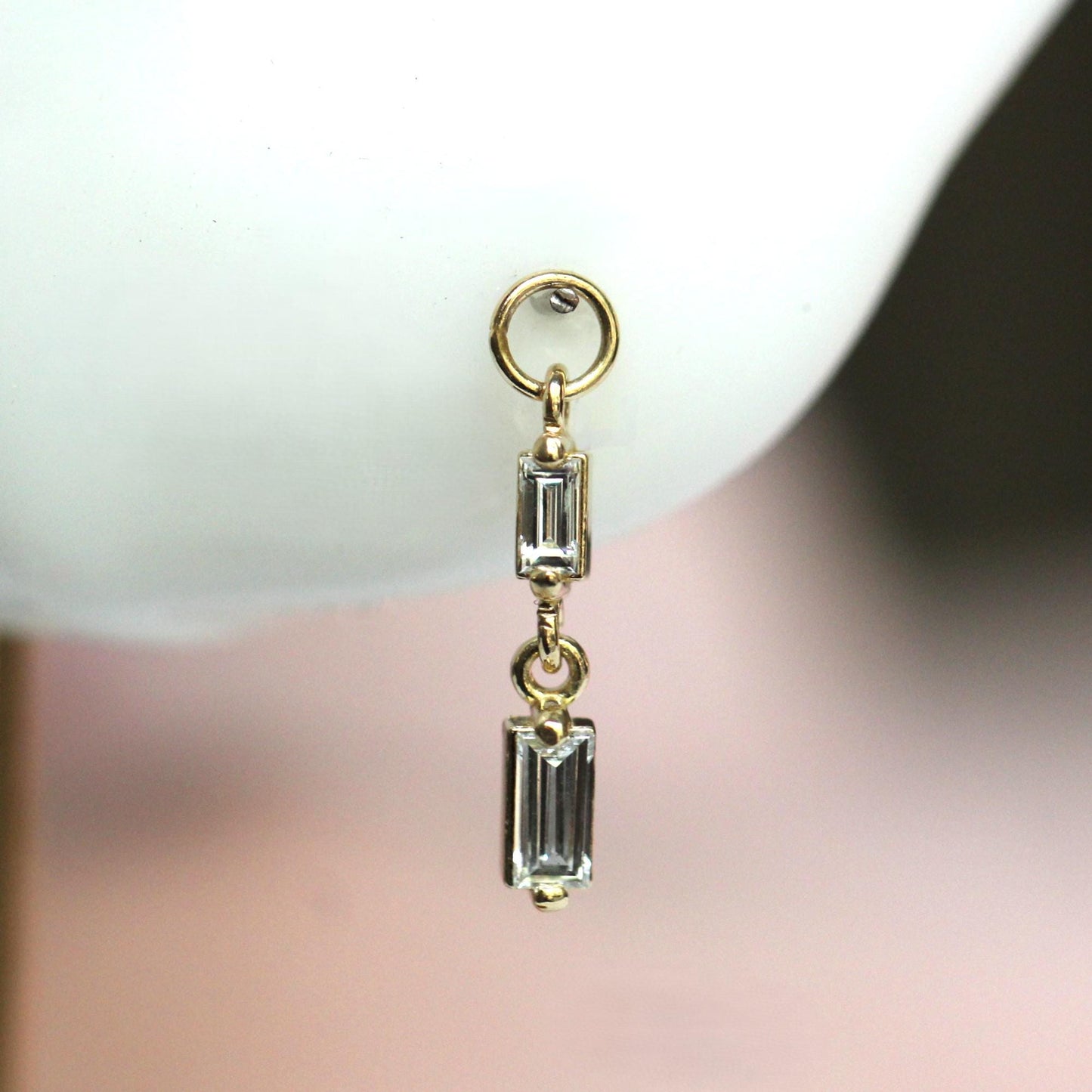 14K Double Diamond Baguette Earring Charm, Earring Dangle, Huggie Dangle, Stud Charm, Solid Gold, Hoop Charm, Piercing Charm, Earring Add On
