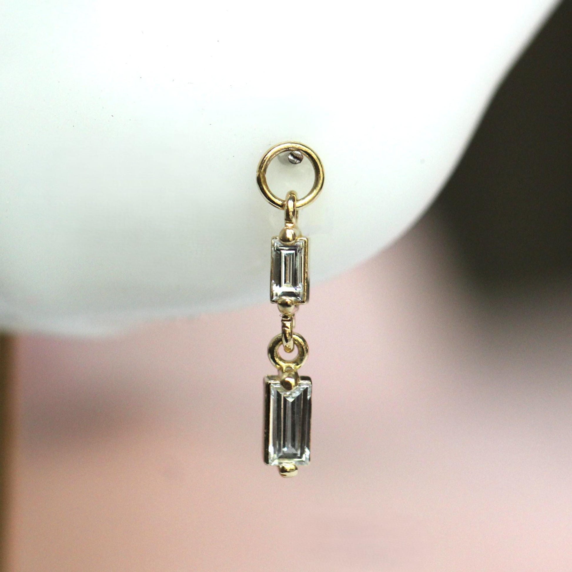 14K Double Diamond Baguette Earring Charm, Earring Dangle, Huggie Dangle, Stud Charm, Solid Gold, Hoop Charm, Piercing Charm, Earring Add On