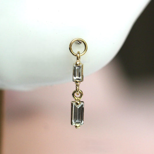14K Double Diamond Baguette Earring Charm, Earring Dangle, Huggie Dangle, Stud Charm, Solid Gold, Hoop Charm, Piercing Charm, Earring Add On