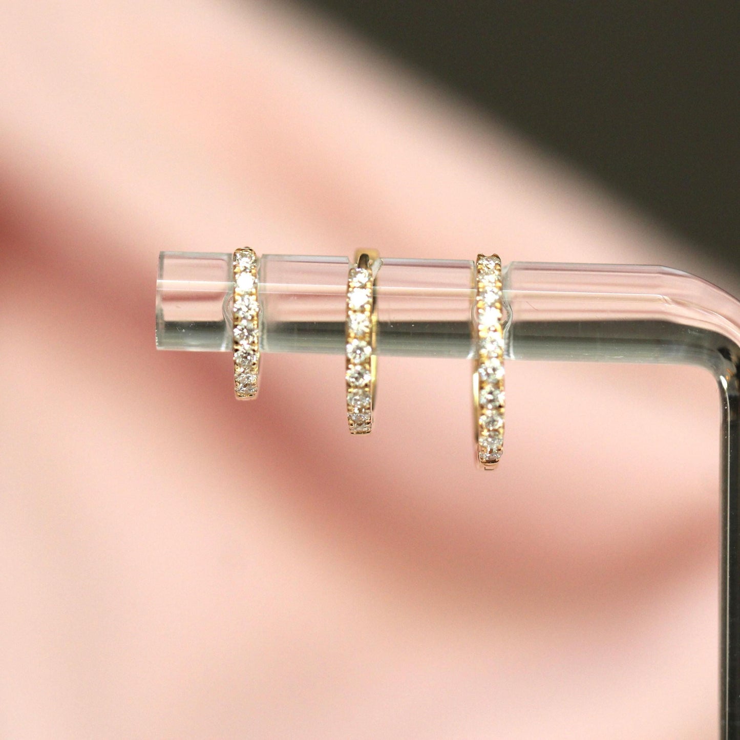 14K Diamond Huggie Hoops, Tight Diamond Hoops, Clicker Hoops, Sparkle Hoops, Real Gold, Solid Gold, Minimalist Hoops, Stacker Earrings