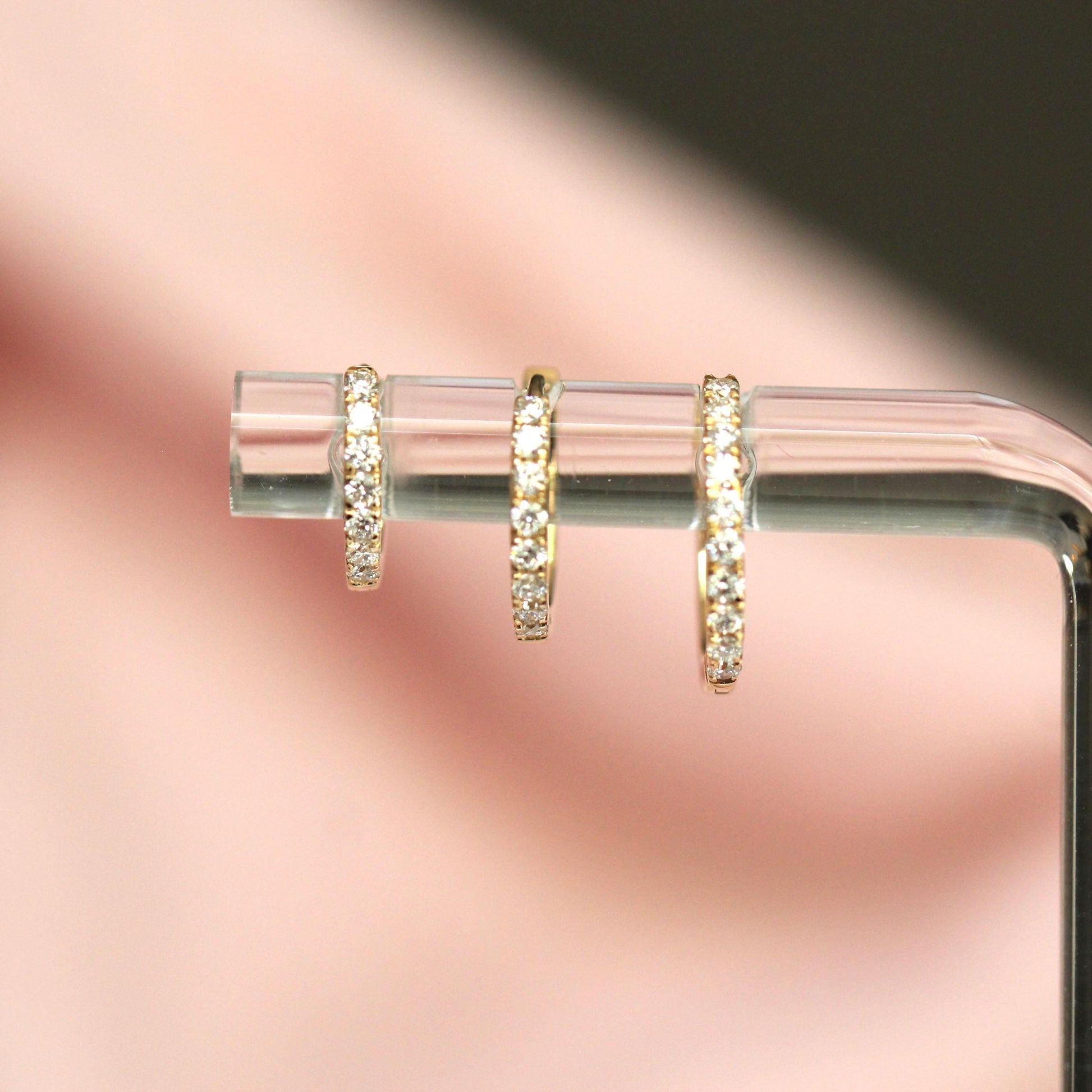 14K Diamond Huggie Hoops, Tight Diamond Hoops, Clicker Hoops, Sparkle Hoops, Real Gold, Solid Gold, Minimalist Hoops, Stacker Earrings