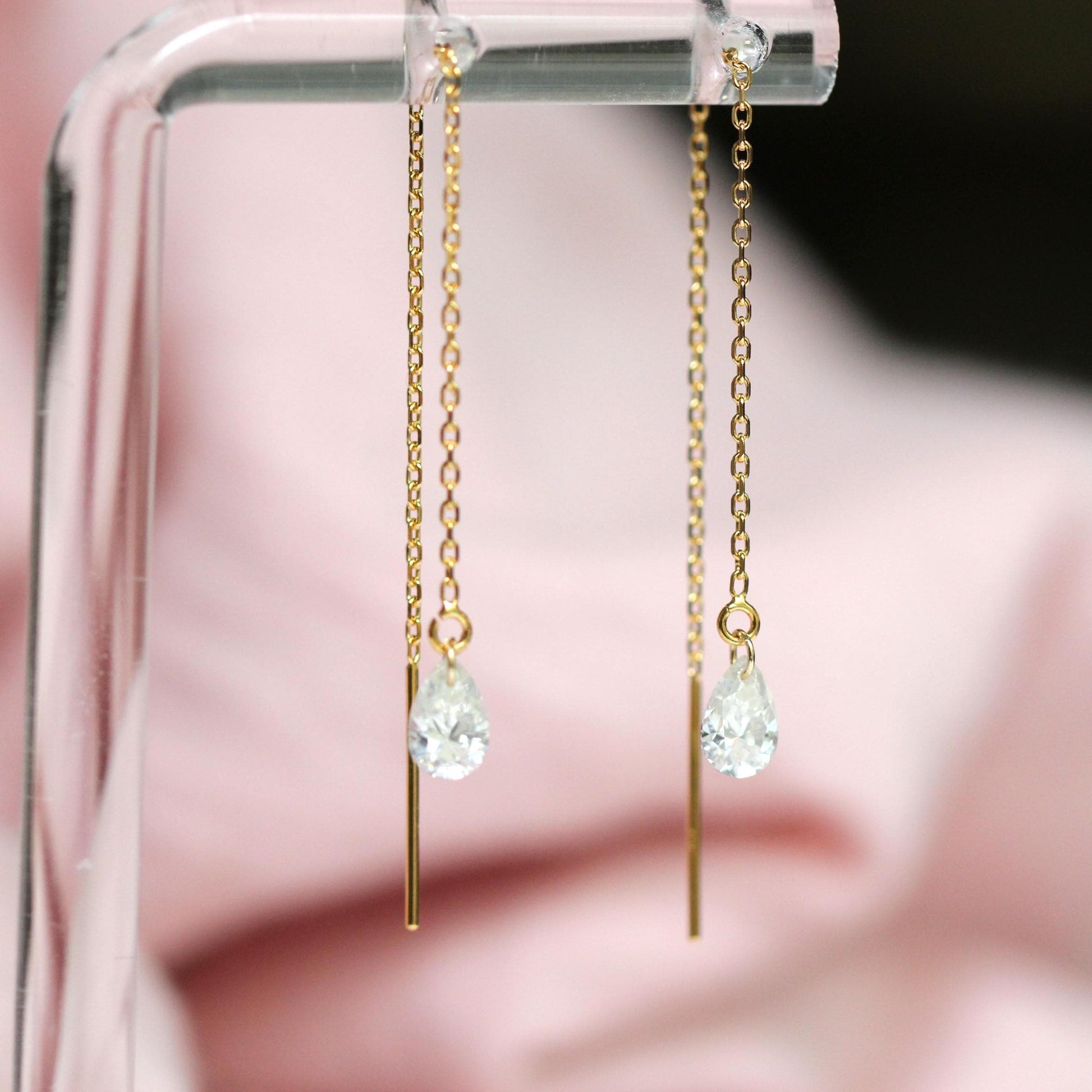 14K Gold Pear Diamond Threader Earrings, Floating Diamond, Tear Shape , Lab Made, Solid 14K Gold, Chain Earring, Drop Shape, Real Gold