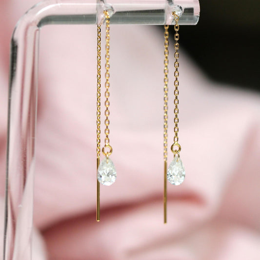 14K Gold Pear Diamond Threader Earrings, Floating Diamond, Tear Shape , Lab Made, Solid 14K Gold, Chain Earring, Drop Shape, Real Gold