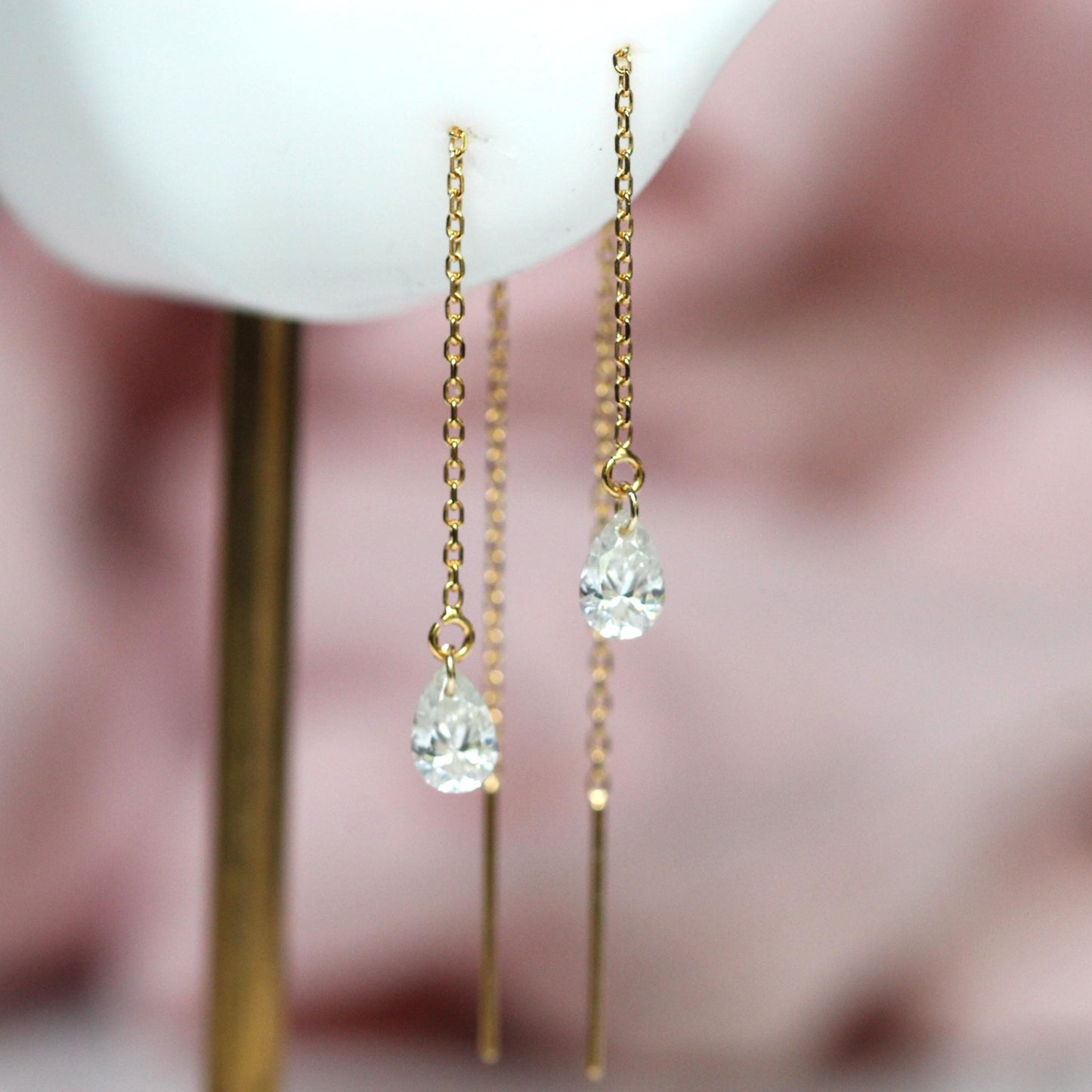 14K Gold Pear Diamond Threader Earrings, Floating Diamond, Tear Shape , Lab Made, Solid 14K Gold, Chain Earring, Drop Shape, Real Gold
