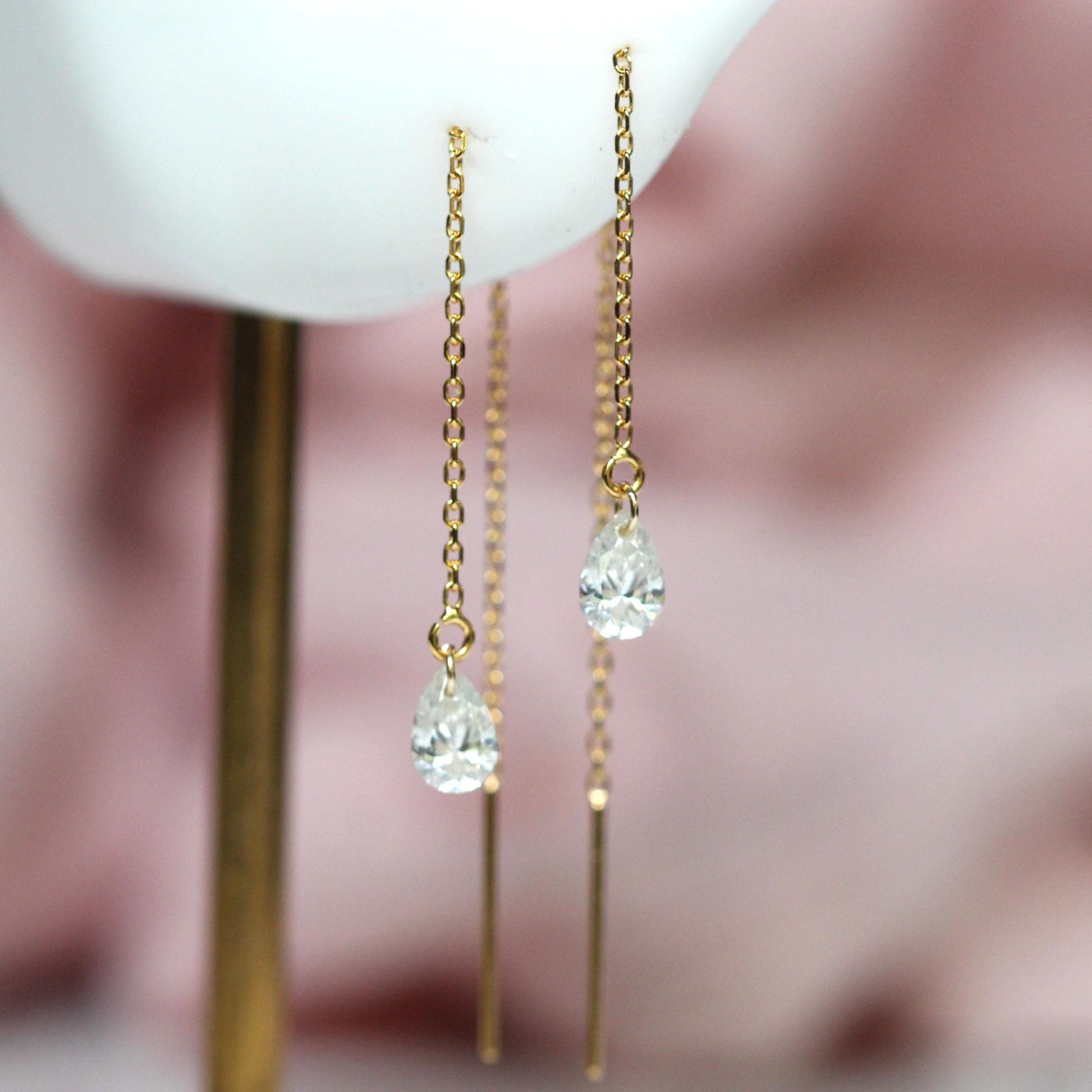 14K Gold Pear Diamond Threader Earrings, Floating Diamond, Tear Shape , Lab Made, Solid 14K Gold, Chain Earring, Drop Shape, Real Gold