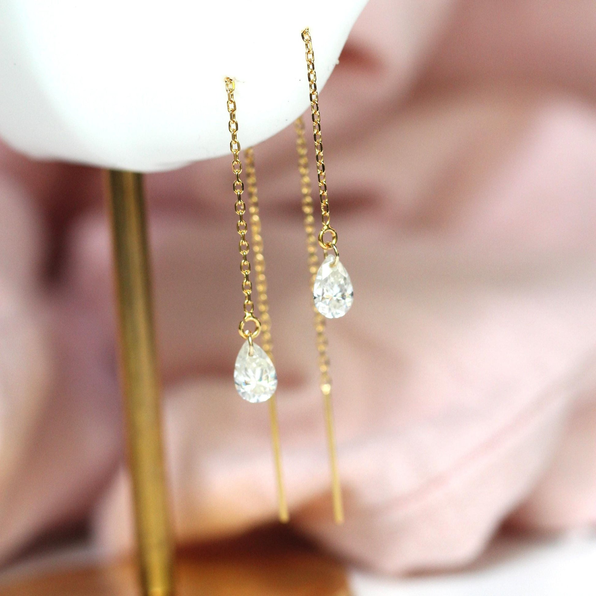 14K Gold Pear Diamond Threader Earrings, Floating Diamond, Tear Shape , Lab Made, Solid 14K Gold, Chain Earring, Drop Shape, Real Gold