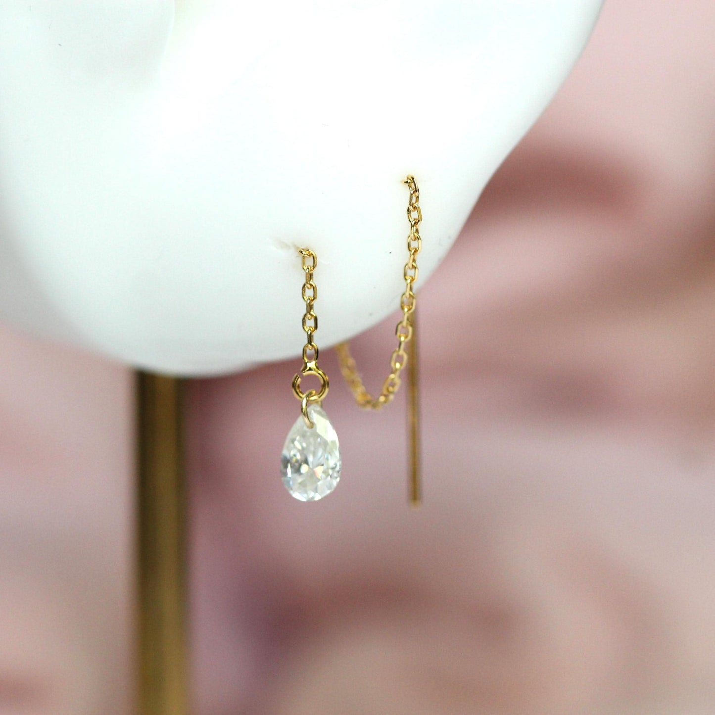 14K Gold Pear Diamond Threader Earrings, Floating Diamond, Tear Shape , Lab Made, Solid 14K Gold, Chain Earring, Drop Shape, Real Gold