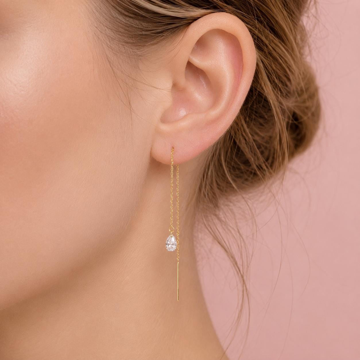 14K Gold Pear Diamond Threader Earrings, Floating Diamond, Tear Shape , Lab Made, Solid 14K Gold, Chain Earring, Drop Shape, Real Gold