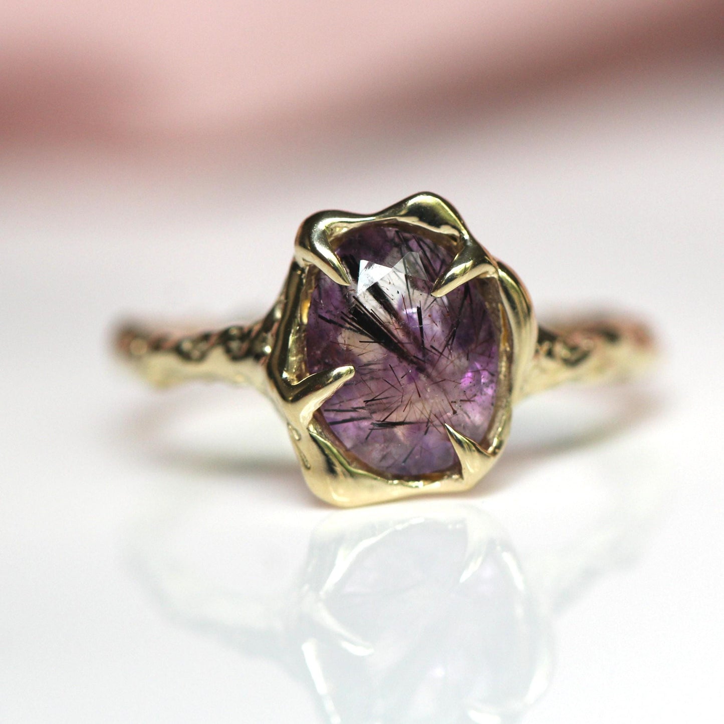 10K OOAK Super Seven Free Form Ring, Molten Ring. Solid Gold, One Of a Kind, Melody Stone, Purple Stone, Organic Textured Ring, Wave Ring