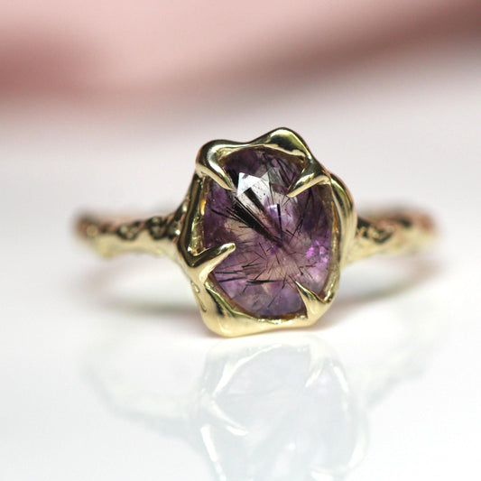 10K OOAK Super Seven Free Form Ring, Molten Ring. Solid Gold, One Of a Kind, Melody Stone, Purple Stone, Organic Textured Ring, Wave Ring