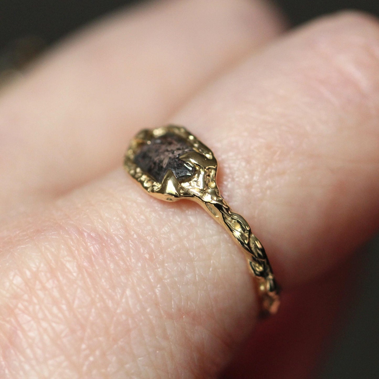 OOAK 10K Salt and Pepper Diamond Ring, Hexagon Diamond, Molted Ring, Organics Textured Ring, Spike Prongs, One of a Kind, Asymmetrical Ring
