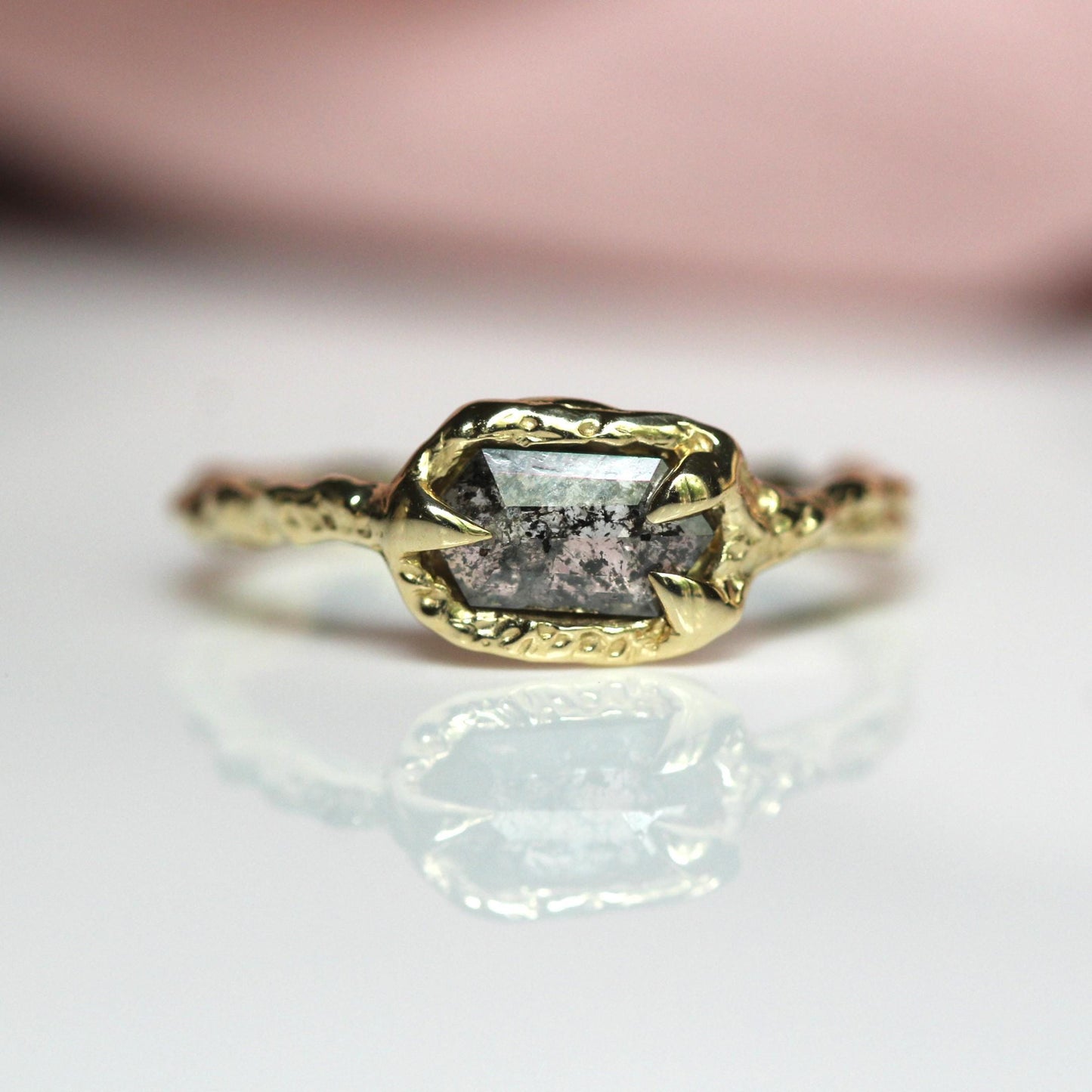 OOAK 10K Salt and Pepper Diamond Ring, Hexagon Diamond, Molted Ring, Organics Textured Ring, Spike Prongs, One of a Kind, Asymmetrical Ring