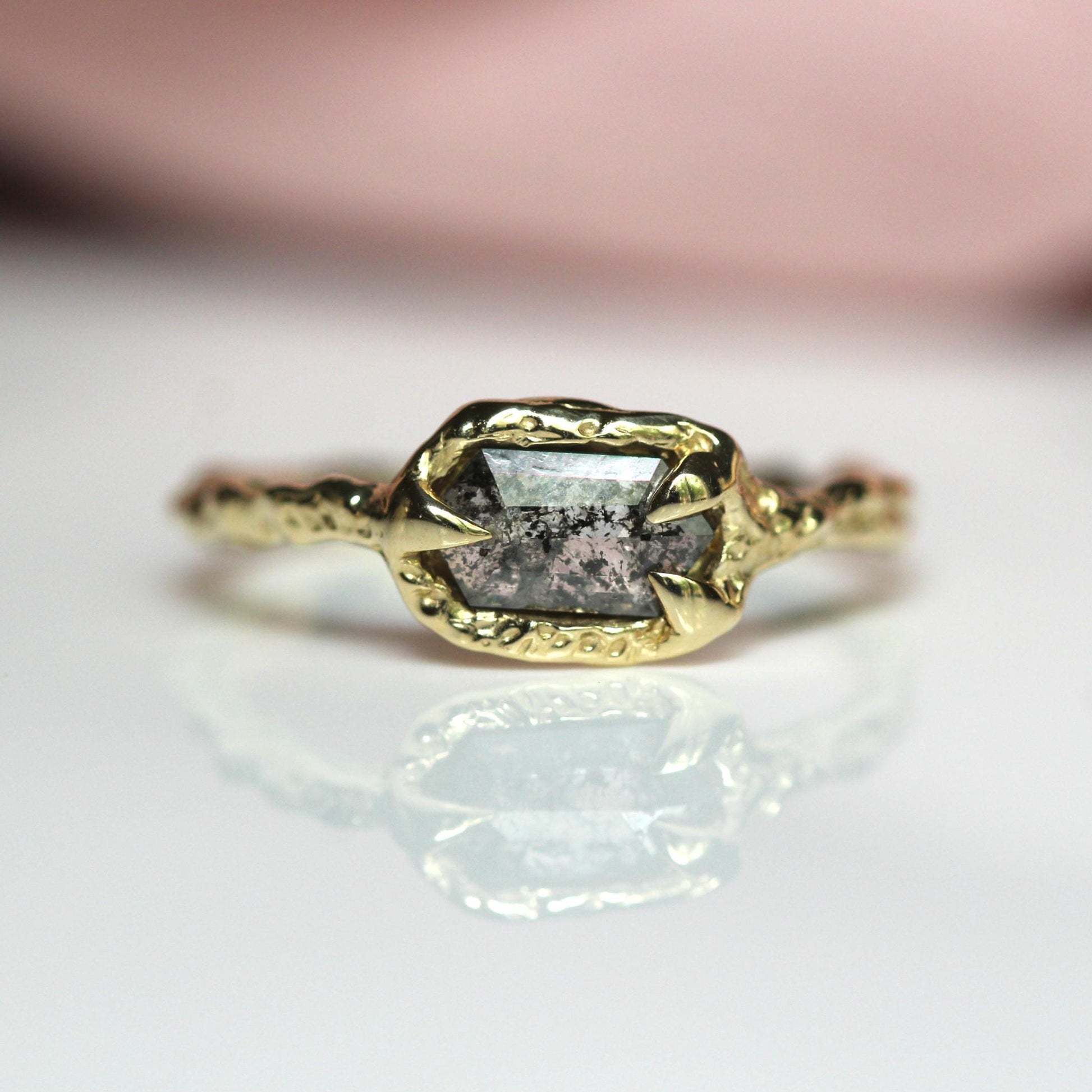 OOAK 10K Salt and Pepper Diamond Ring, Hexagon Diamond, Molted Ring, Organics Textured Ring, Spike Prongs, One of a Kind, Asymmetrical Ring