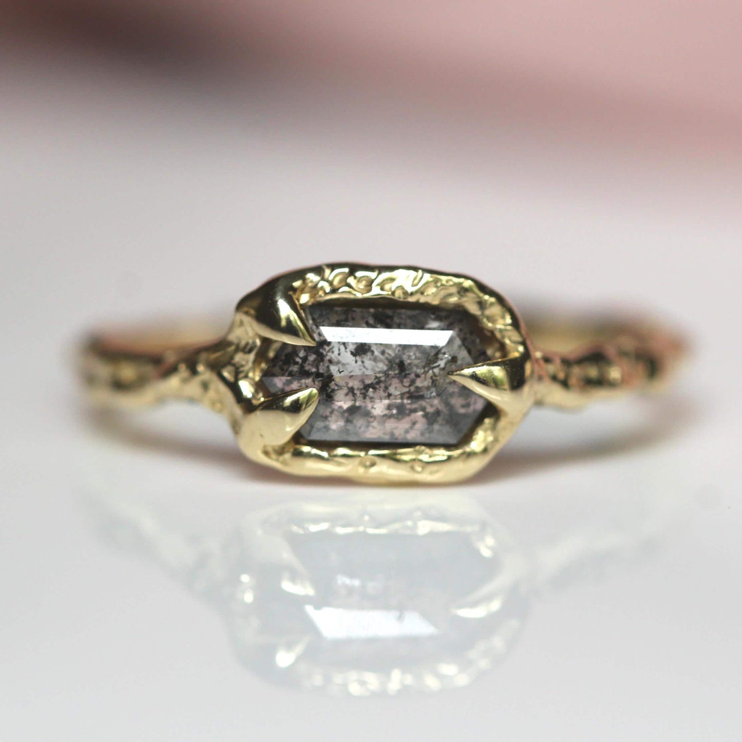 OOAK 10K Salt and Pepper Diamond Ring, Hexagon Diamond, Molted Ring, Organics Textured Ring, Spike Prongs, One of a Kind, Asymmetrical Ring
