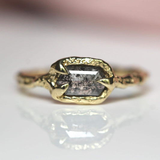 OOAK 10K Salt and Pepper Diamond Ring, Hexagon Diamond, Molted Ring, Organics Textured Ring, Spike Prongs, One of a Kind, Asymmetrical Ring