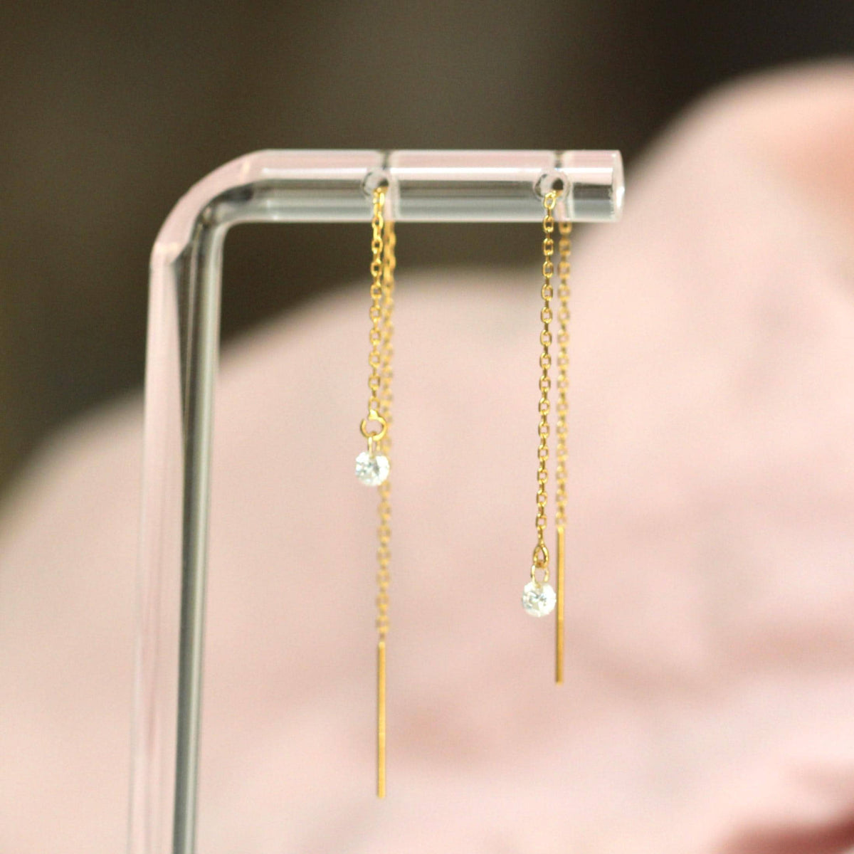 14K Diamond Threader Earrings, Lab Made Diamond, Double Hole Earrings, Chain Earrings, Solid Gold, Diamond Drop, Round Diamond, Dangle, 3mm
