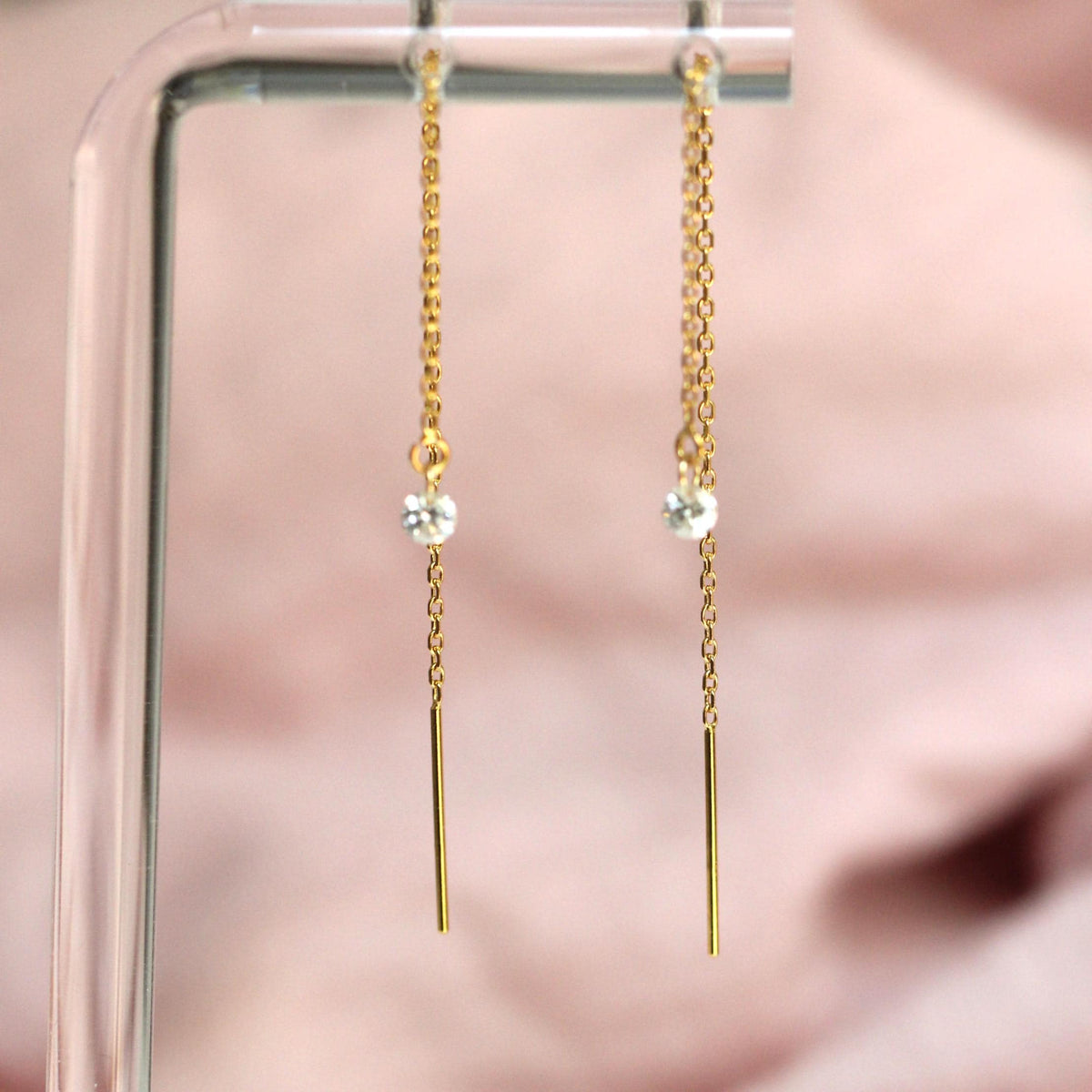 14K Diamond Threader Earrings, Lab Made Diamond, Double Hole Earrings, Chain Earrings, Solid Gold, Diamond Drop, Round Diamond, Dangle, 3mm