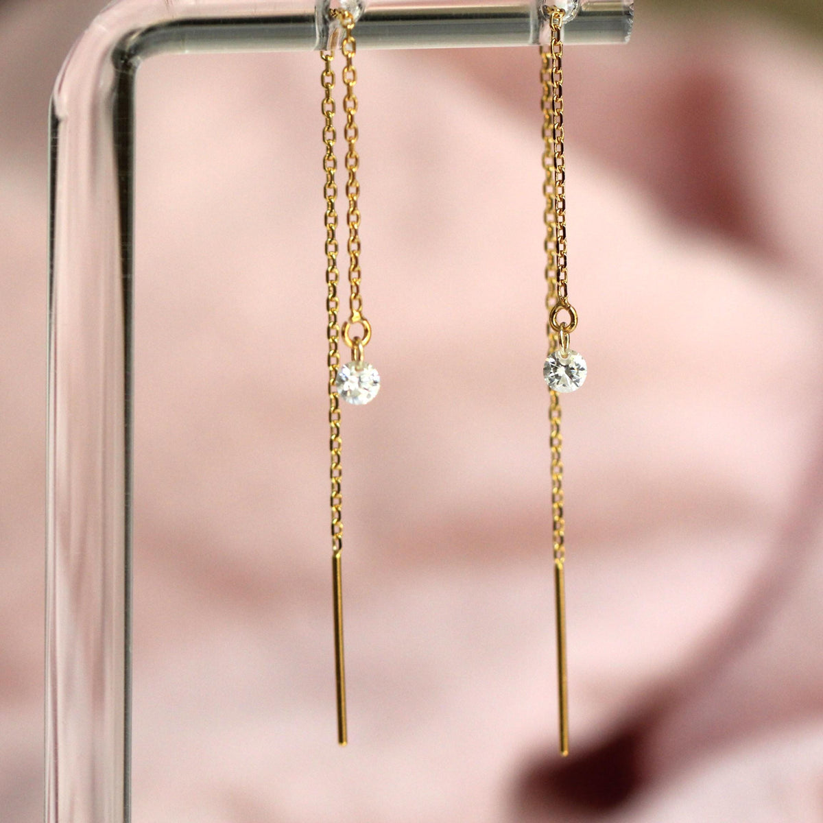 14K Diamond Threader Earrings, Lab Made Diamond, Double Hole Earrings, Chain Earrings, Solid Gold, Diamond Drop, Round Diamond, Dangle, 3mm